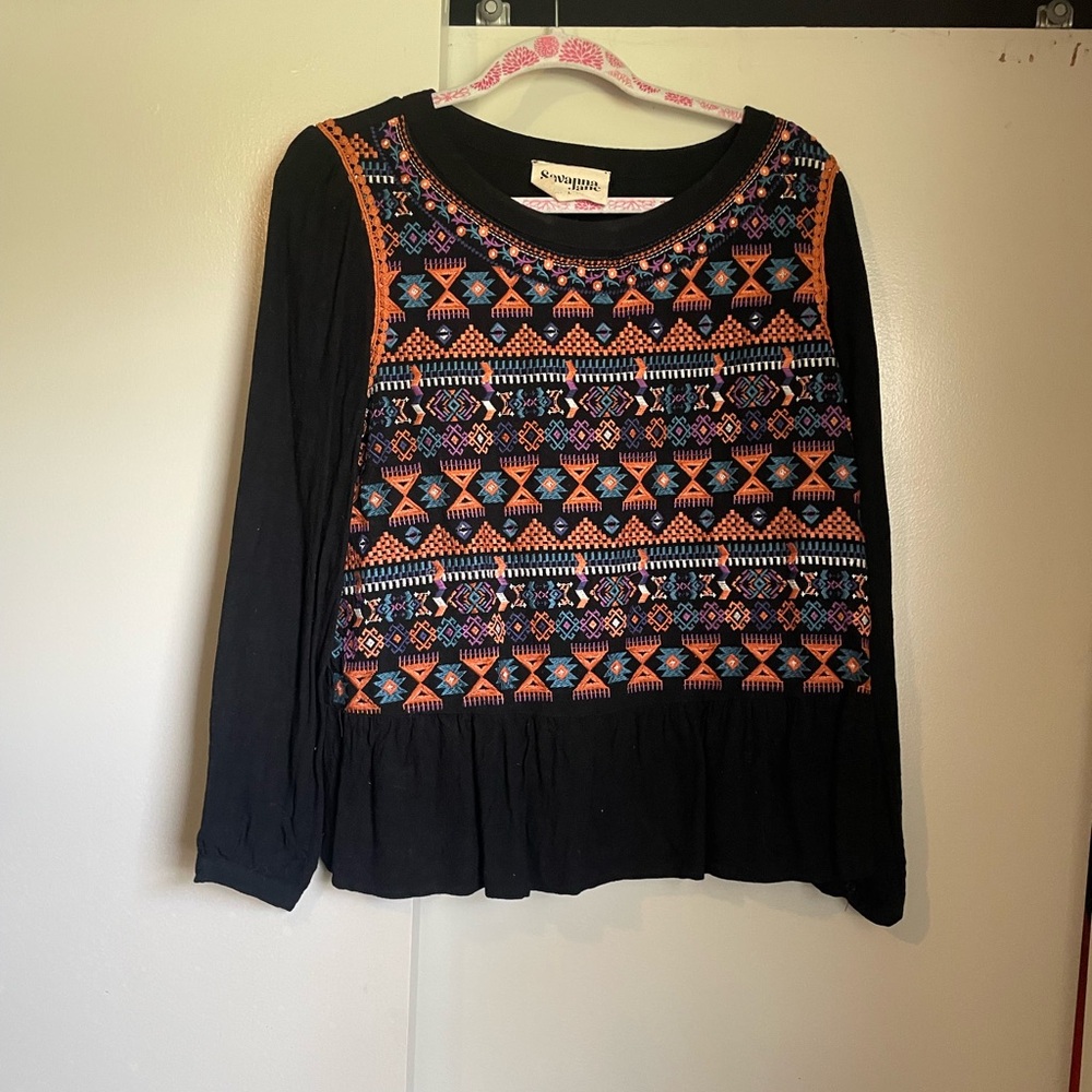 Black Aztec Embroidered Peplum Top (Large)